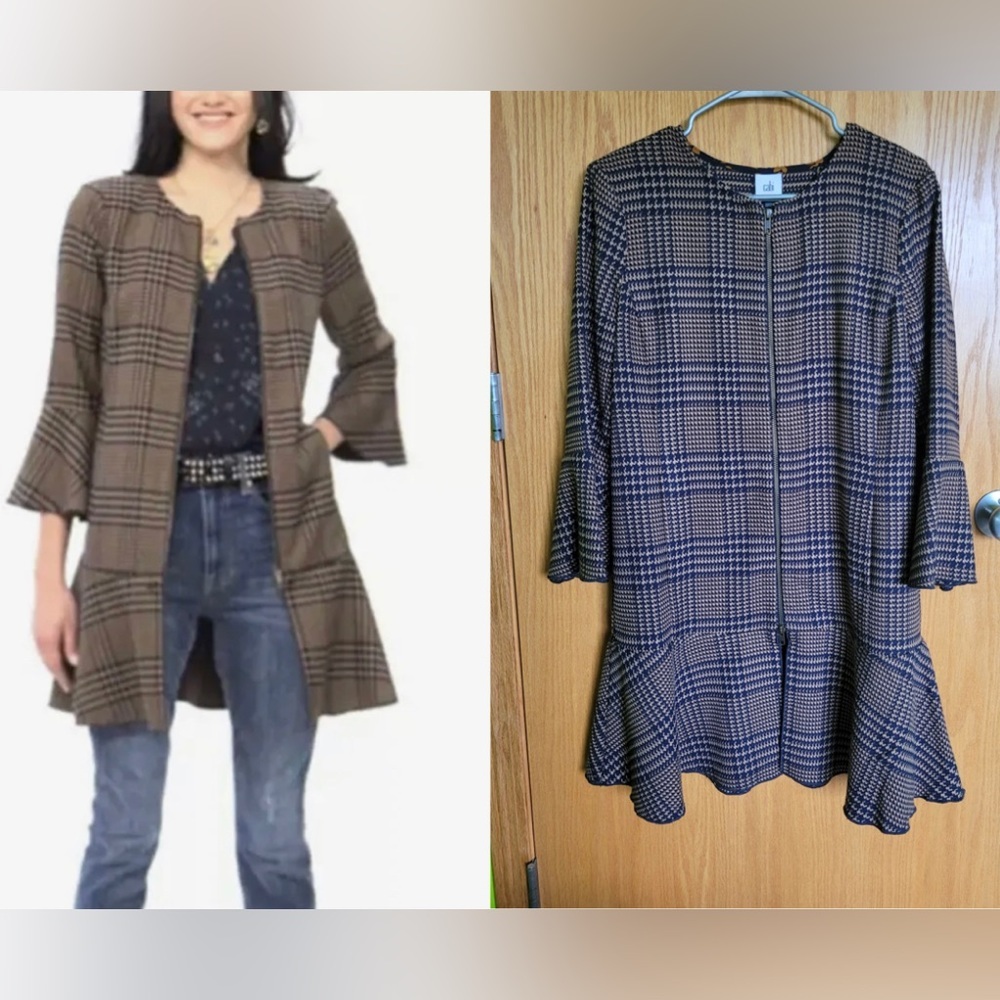 Cabi Tan Navy Plaid Flounce Ruffle Hem Full Zip Jacket Size S
